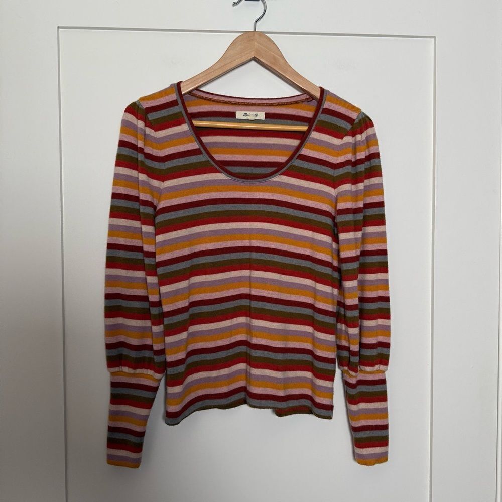 Madewell Sweater Womens Sz XS Orange Knit Striped Puff Long Sleeve Scoop Neck